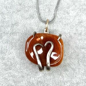 Vintage Fire Agate and Sterling silver Wrapped Fork Brutalist Mod Necklace